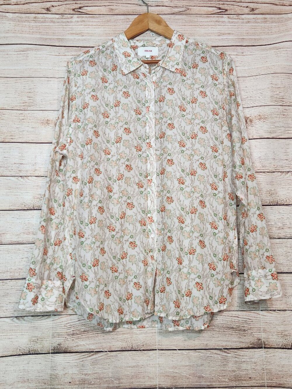 XIRENA Floral Beau Button Silk Cotton Shirt Size L Red Pink Green Women's Large